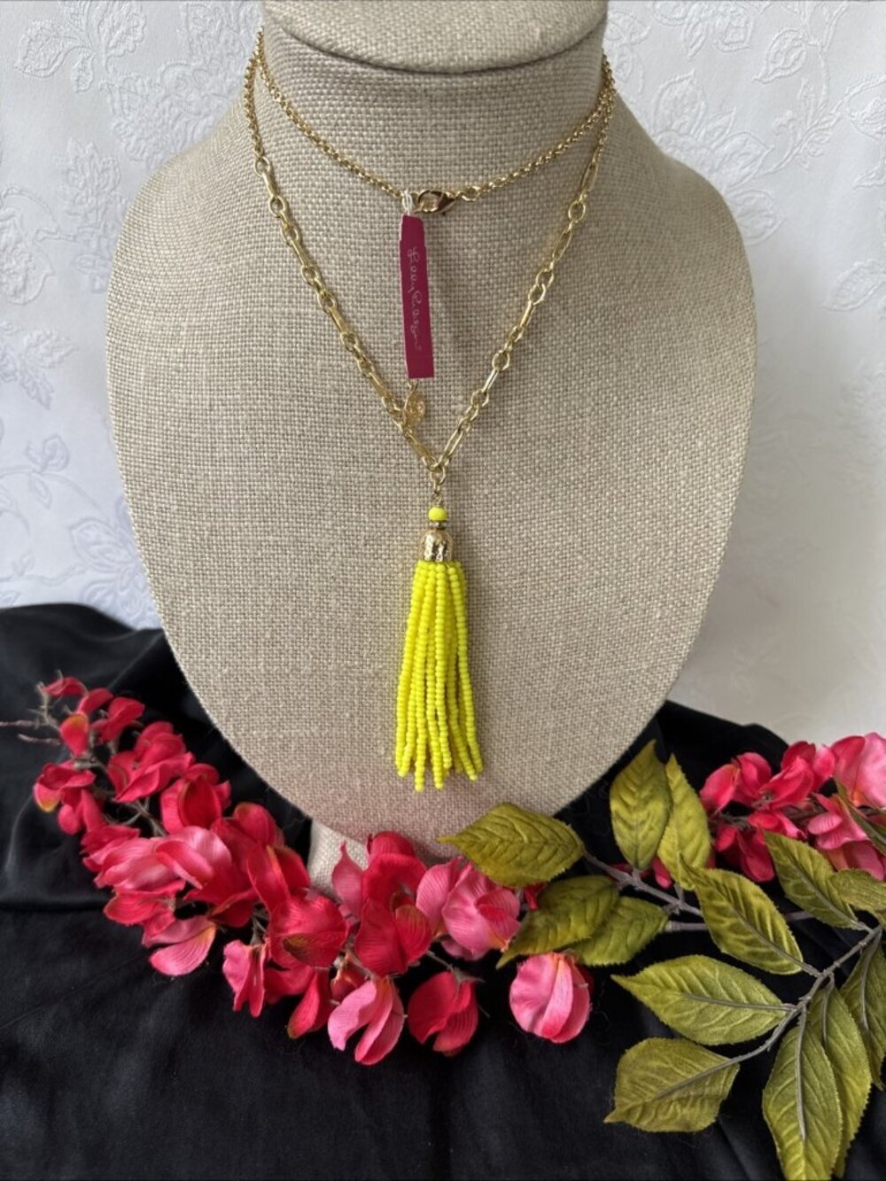 Lilly Pulitzer Goldtone Chain 39" Yellow Beaded Tassel Statement Necklace NEW